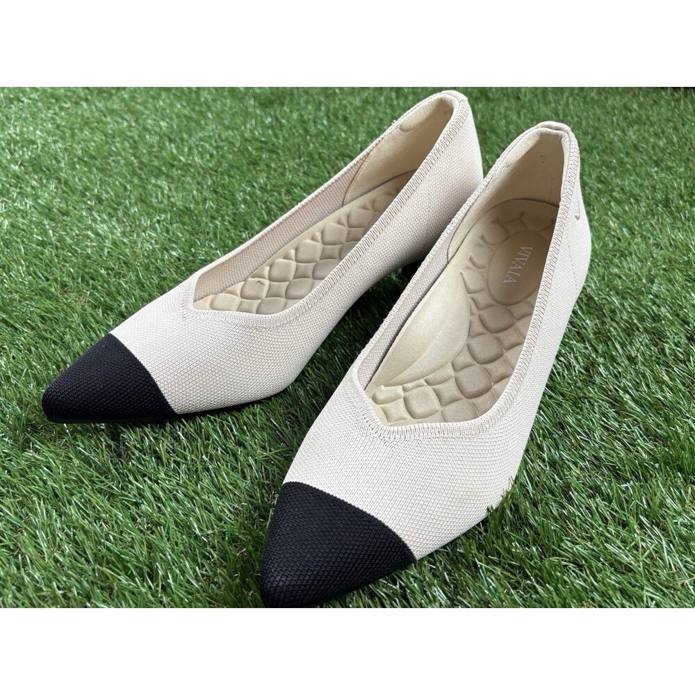 Vivaia Scarlett Pointed Toe Kitten Heels Cream Black Cap Knit Pumps Eur 40 US 8